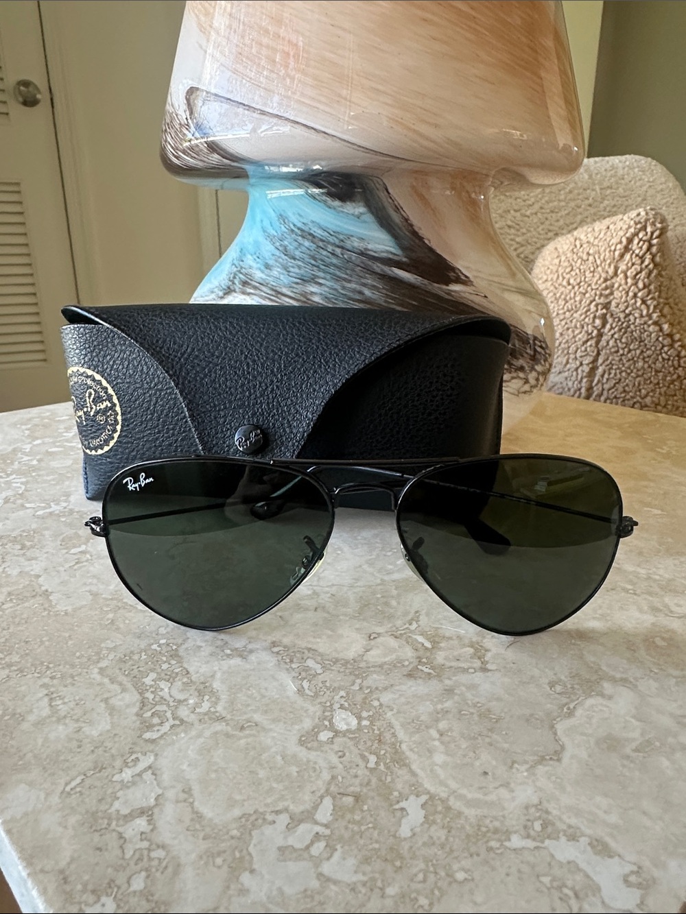 Ray-Ban Aviator Classic Sunglasses Black Frame Green G-15 Lens Unisex